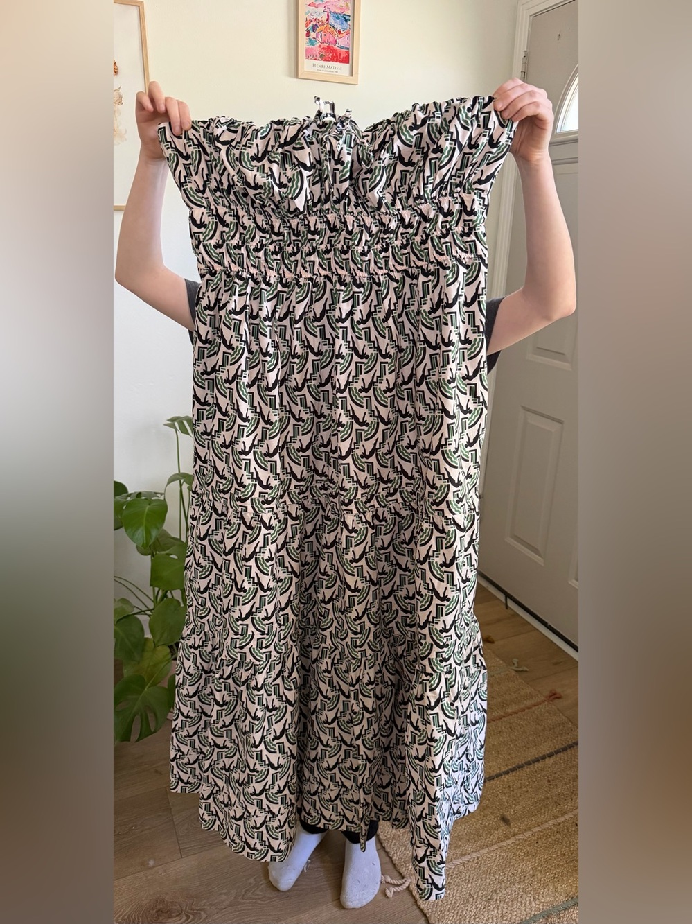 Anthropologie Abstract Art Deco Print Smocked Tiered Strapless Maxi Dress XL